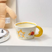 Cute Ceramic Mug with Cartoon Star, Ladybug, and Moon Handle Design