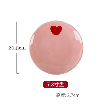 Romantic Pink Heart Ceramic Bowl and Plate - Plate-20.5x2.7cm-1Pc