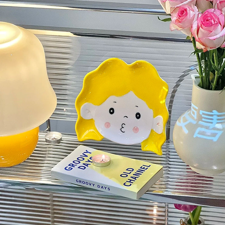 Whimsical Ceramic Plates – Cute Face Design | Perfect for Snacks & Decor - Yellow