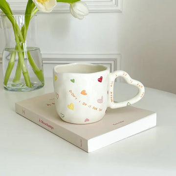 Cute Ceramic Mugs with Heart-Shaped Handles and Hand-Painted Floral and Fruit Designs