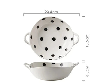 Detail view of a polka dot ceramic dish showing the intricate pattern