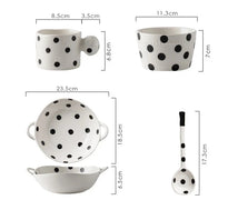 Set of polka dot ceramic dishes and coffee cups with dimemsions