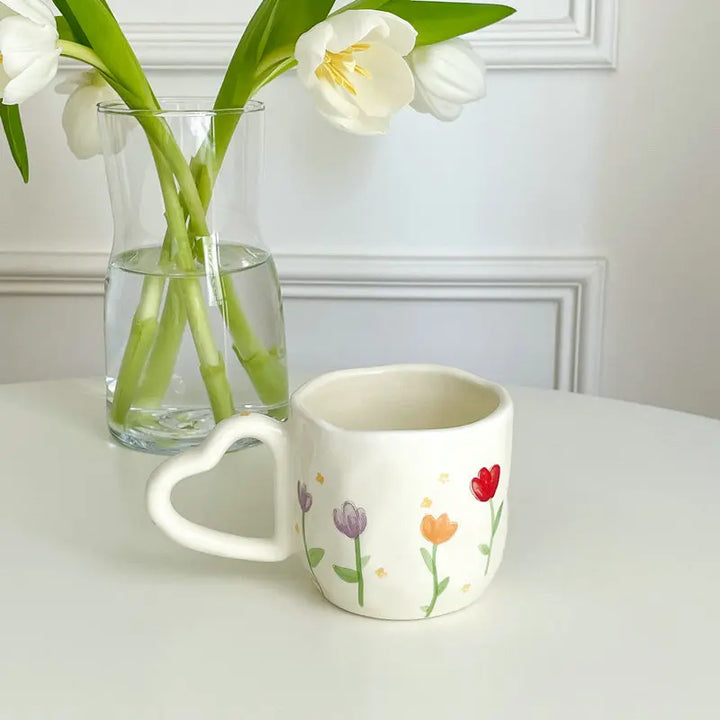 Cute Ceramic Mugs with Heart-Shaped Handles and Hand-Painted Floral and Fruit Designs