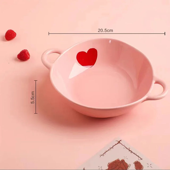 Romantic Pink Heart Ceramic Bowl and Plate - Bowl