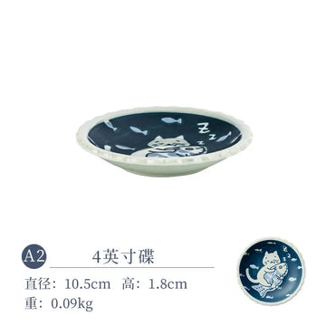 Hand-painted Japanese style cat ceramic plate