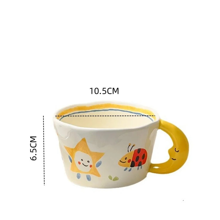Cute Ceramic Mug with Cartoon Star, Ladybug, and Moon Handle Design