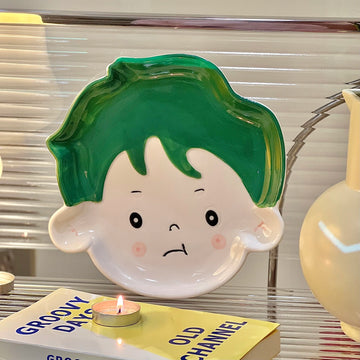 Whimsical Ceramic Plates – Cute Face Design | Perfect for Snacks & Decor - Green