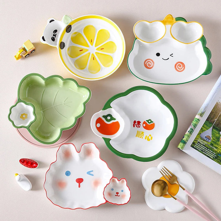 Colorful Ceramic Kids Plates in Fun Shapes – Bunny, Panda, Leaf, Citrus, Cloud & Cartoon Character Dishes for Toddlers and Children