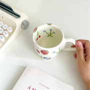 Cute Ceramic Mugs with Heart-Shaped Handles and Hand-Painted Floral and Fruit Designs