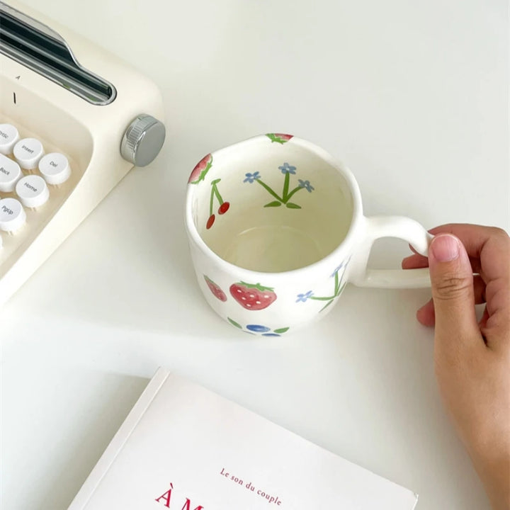 Cute Ceramic Mugs with Heart-Shaped Handles and Hand-Painted Floral and Fruit Designs