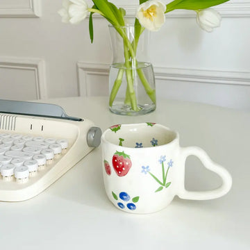 Cute Ceramic Mugs with Heart-Shaped Handles and Hand-Painted Floral and Fruit Designs