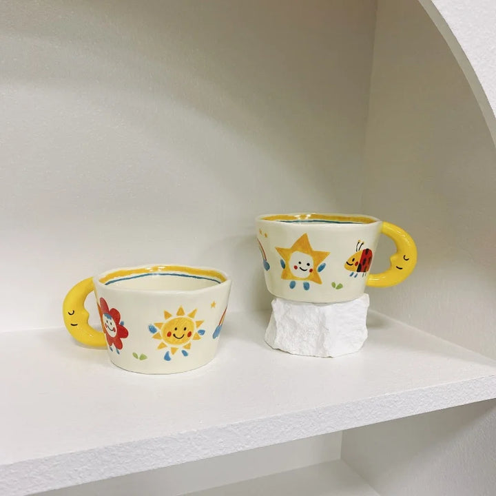 Cute Ceramic Mug with Cartoon Star, Ladybug, and Moon Handle Design