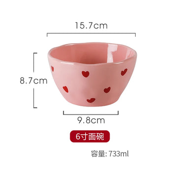 Romantic Pink Heart Ceramic Bowl and Plate - Bowl-15.7x8.7cm-1Pc