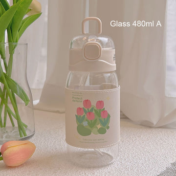 Kawaii Water Bottle With Straw and strap | 480ml water bottle |BPA-free water bottle - Glass 480ml A - Water bottle
