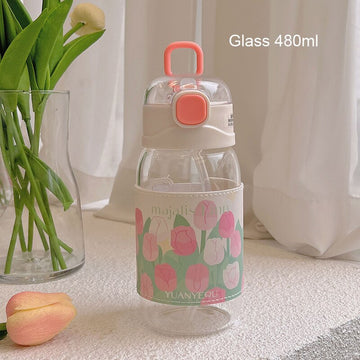 Kawaii Water Bottle With Straw and strap | 480ml water bottle |BPA-free water bottle - Glass 480ml - Water bottle