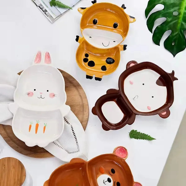 Colorful Animal-Shaped Ceramic Kids Plates – Bunny, Giraffe, Monkey & Bear Food Dishes for Toddlers and Children
