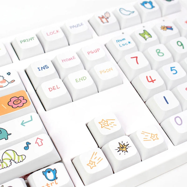 Close-up view of a white keyboard with colorful, hand-drawn Kawaii keycaps, featuring playful icons and symbols on the keys