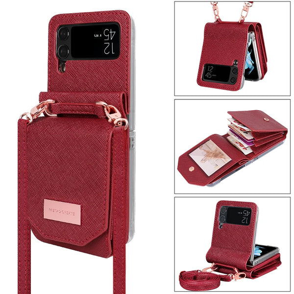 Crossbody Leather card slots wallet phone case for samsung galaxy - Red / For Samusung Z Flip4 - phone case