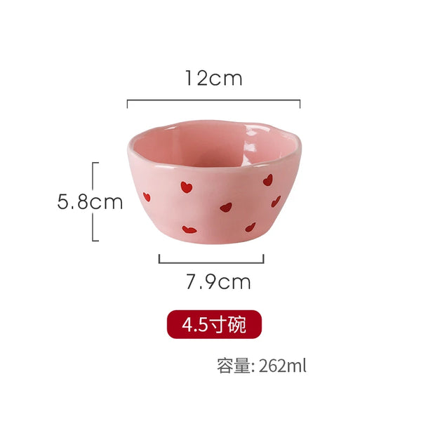 Romantic Pink Heart Ceramic Bowl and Plate - Bowl-12x5.8cm-1Pc