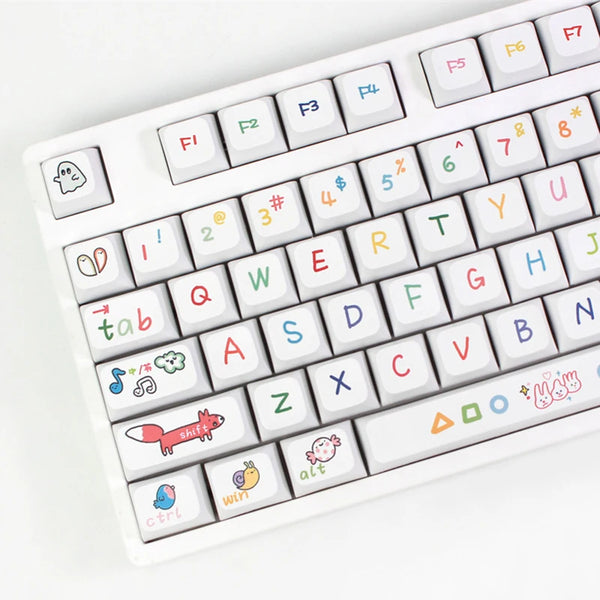 Close-up view of a white keyboard with colorful, hand-drawn Kawaii keycaps, featuring playful icons and symbols on the keys