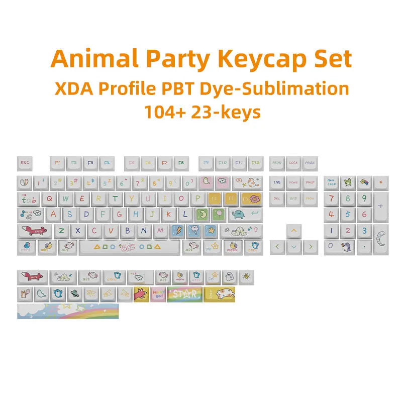 Close-up view of a white keyboard with colorful, hand-drawn Kawaii keycaps, featuring playful icons and symbols on the keys