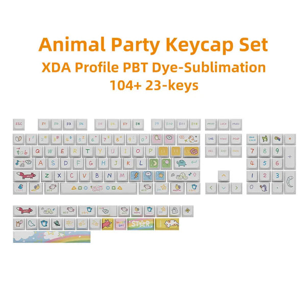 Close-up view of a white keyboard with colorful, hand-drawn Kawaii keycaps, featuring playful icons and symbols on the keys
