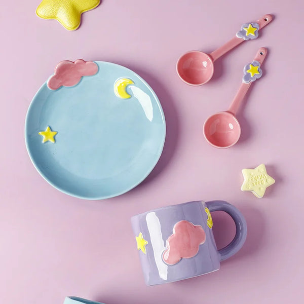 Ceramic Dessert Plate With 400ml Coffee Mug Spoon Set
