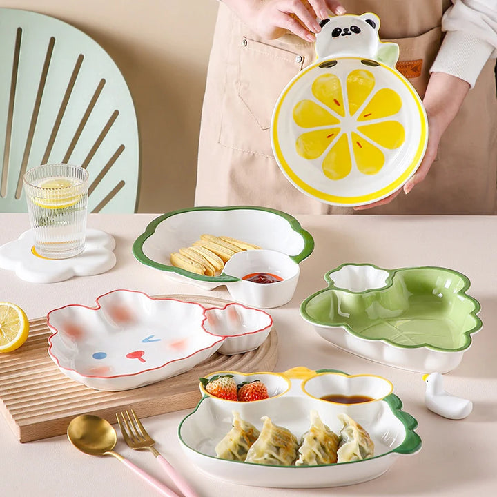 Colorful Ceramic Kids Plates in Fun Shapes – Bunny, Panda, Leaf, Citrus, Cloud & Cartoon Character Dishes for Toddlers and Children