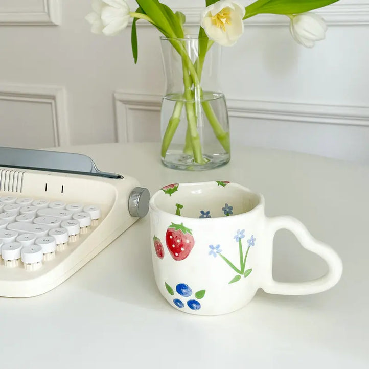 Cute Ceramic Mugs with Heart-Shaped Handles and Hand-Painted Floral and Fruit Designs