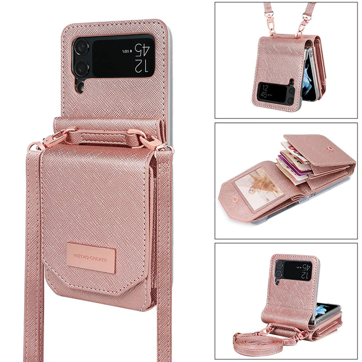 Crossbody Leather card slots wallet phone case for samsung galaxy - Rose Gold / For Samusung Z Flip4 - phone case
