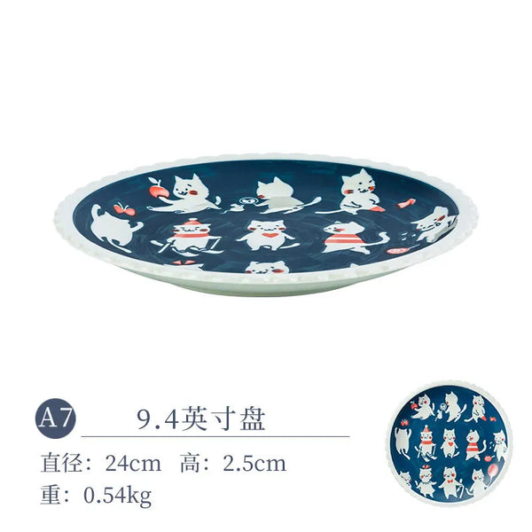 Hand-painted Japanese style cat ceramic plate