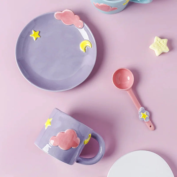 Ceramic Dessert Plate With 400ml Coffee Mug Spoon Set
