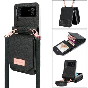 Crossbody Leather card slots wallet phone case for samsung galaxy - Black / For Samusung Z Flip4 - phone case