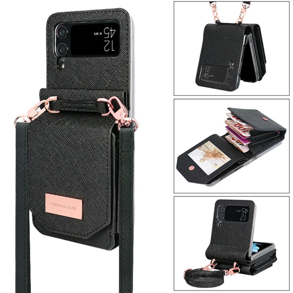Crossbody Leather card slots wallet phone case for samsung galaxy - Black / For Samusung Z Flip4 - phone case