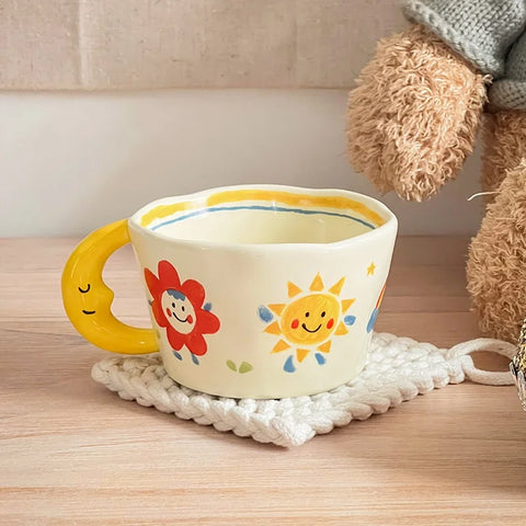 Cute Ceramic Mug with Cartoon Star, Ladybug, and Moon Handle Design