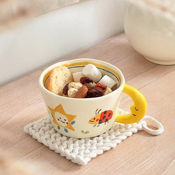 Cute Ceramic Mug with Cartoon Star, Ladybug, and Moon Handle Design