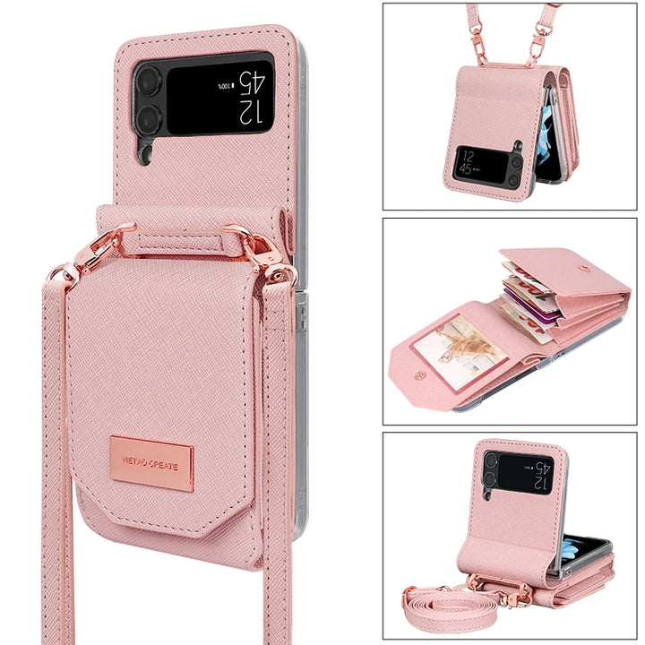 Crossbody Leather card slots wallet phone case for samsung galaxy - Pink / For Samusung Z Flip4 - phone case