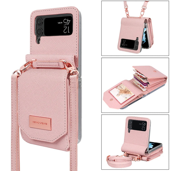 Crossbody Leather card slots wallet phone case for samsung galaxy - Pink / For Samusung Z Flip4 - phone case