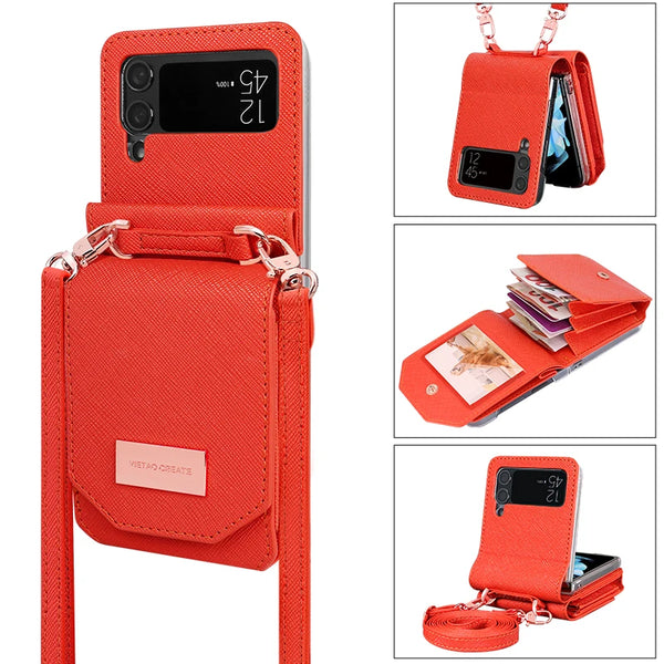 Crossbody Leather card slots wallet phone case for samsung galaxy - Orange / For Samusung Z Flip4 - phone case