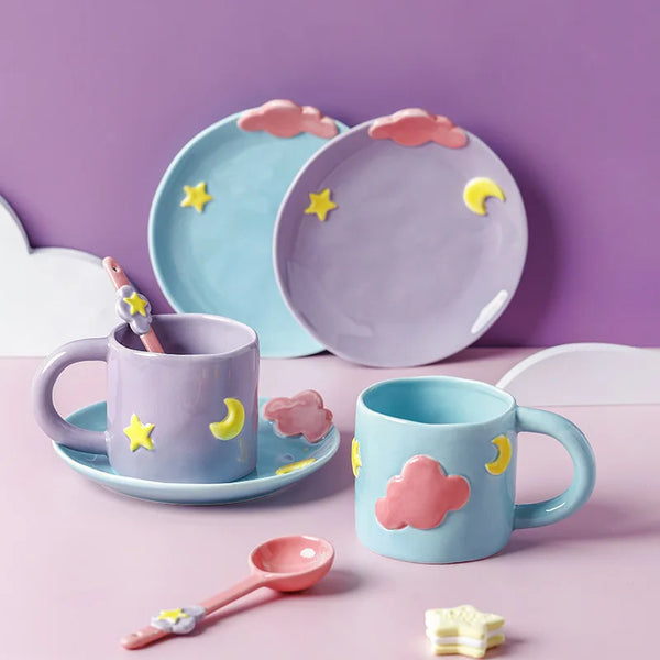 Ceramic Dessert Plate With 400ml Coffee Mug Spoon Set