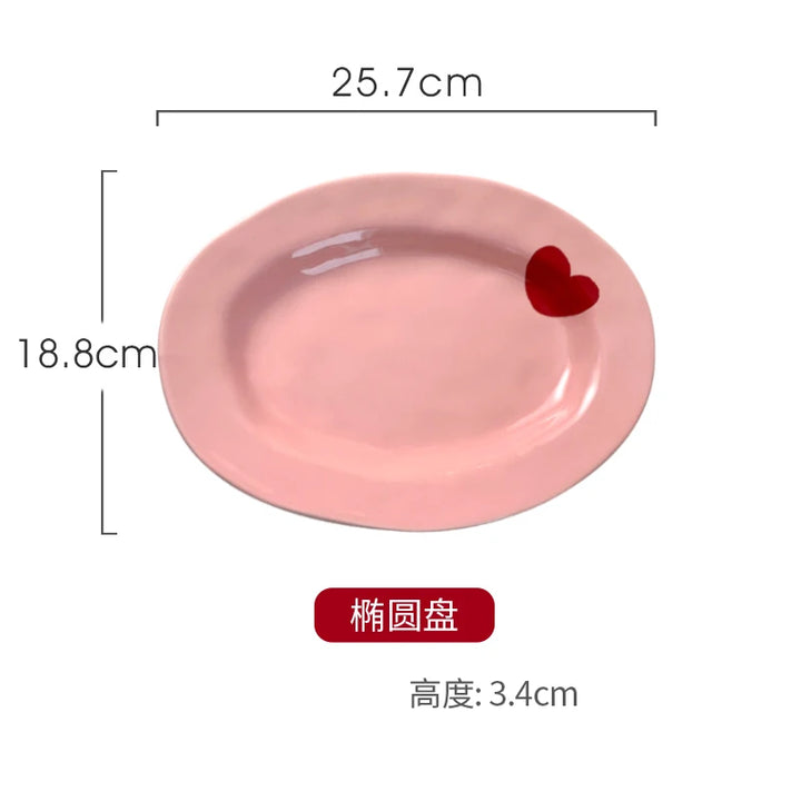 Romantic Pink Heart Ceramic Bowl and Plate - Plate-25.7x18.8x3cm