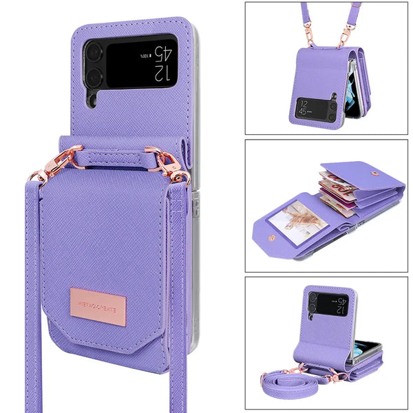 Crossbody Leather card slots wallet phone case for samsung galaxy - Purple / For Samusung Z Flip4 - phone case