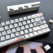 Custom hand-drawn keycap set for mechanical keyboards featuring unique illustrations and vibrant designs on a white background.