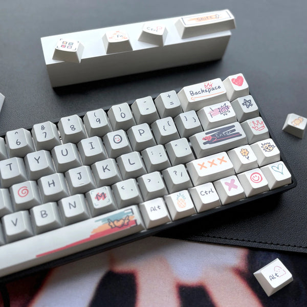 Custom hand-drawn keycap set for mechanical keyboards featuring unique illustrations and vibrant designs on a white background.