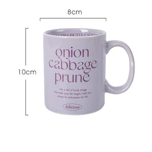 Breakfast-inspired pastel ceramic mugs with playful text designs, featuring unique flavor themes like Salted Basil Butter and Cherry Strawberry, perfect for aesthetic coffee or tea moments