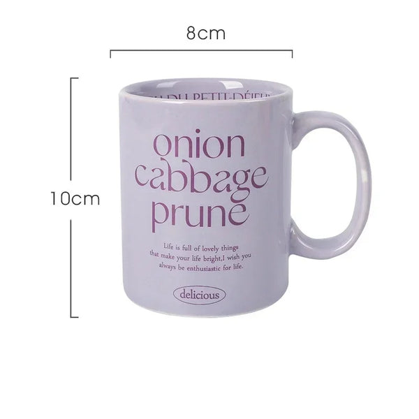 Breakfast-inspired pastel ceramic mugs with playful text designs, featuring unique flavor themes like Salted Basil Butter and Cherry Strawberry, perfect for aesthetic coffee or tea moments