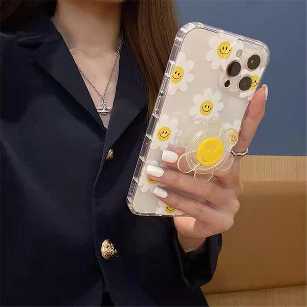 korean cute 3d sun flower bracket phone case for iphone 14 11 12 13 pro xs max x xr 7 8 plus funny daisy protective soft cover