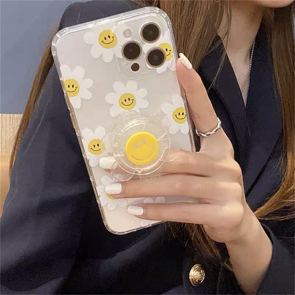 korean cute 3d sun flower bracket phone case for iphone 14 11 12 13 pro xs max x xr 7 8 plus funny daisy protective soft cover