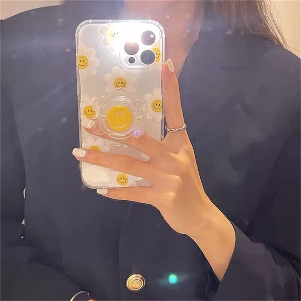 korean cute 3d sun flower bracket phone case for iphone 14 11 12 13 pro xs max x xr 7 8 plus funny daisy protective soft cover