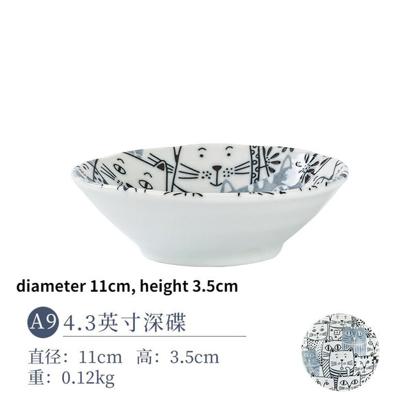 Japanese Ceramic Tableware, Cartoon Cat, Ceramic Plate, Underglaze Bowl, Deep Dish, Dessert Plate Dinnerware Set Tableware